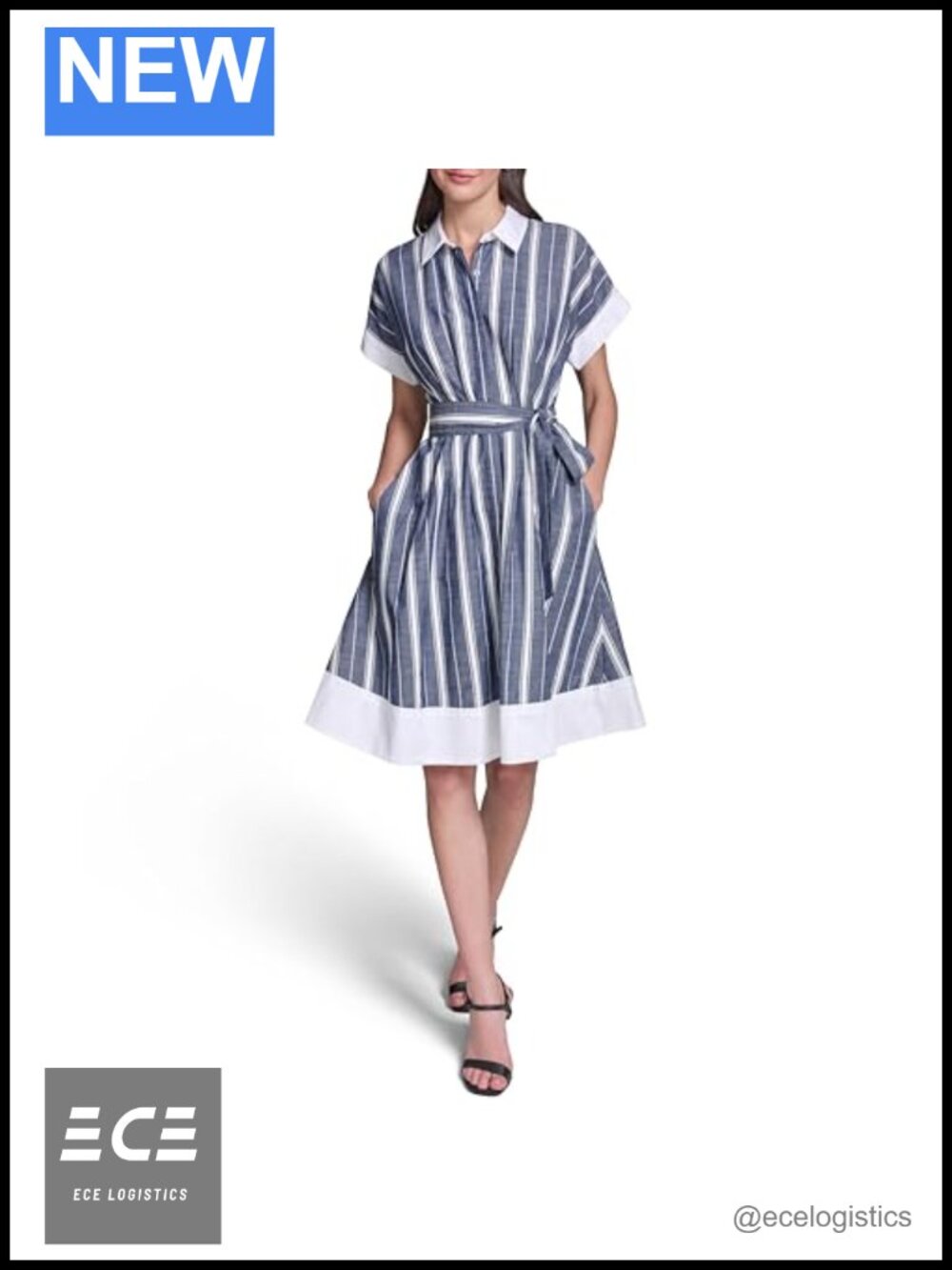 Women's Short Sleeve Collared Striped Shirt Dress with Sash Belt Business Casual